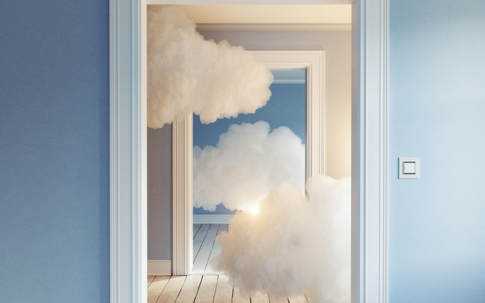 A doorway opening onto further doorways, clouds drifting through them.